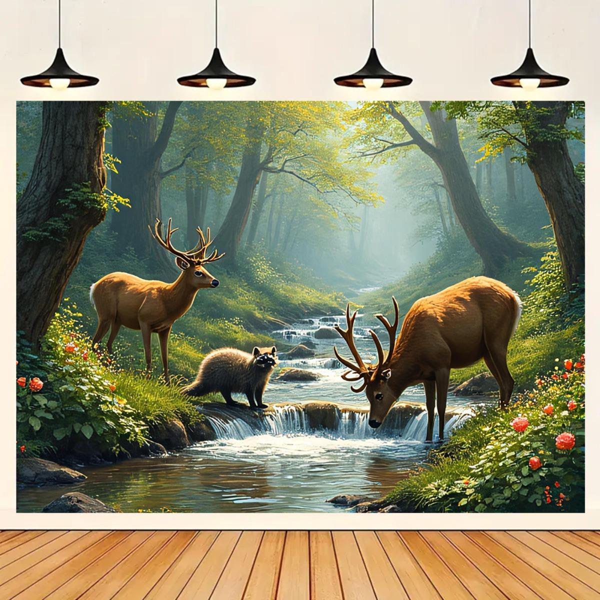 Deer Forest Stream Wall Mural  - Interior Design Hd ulasan dan harga