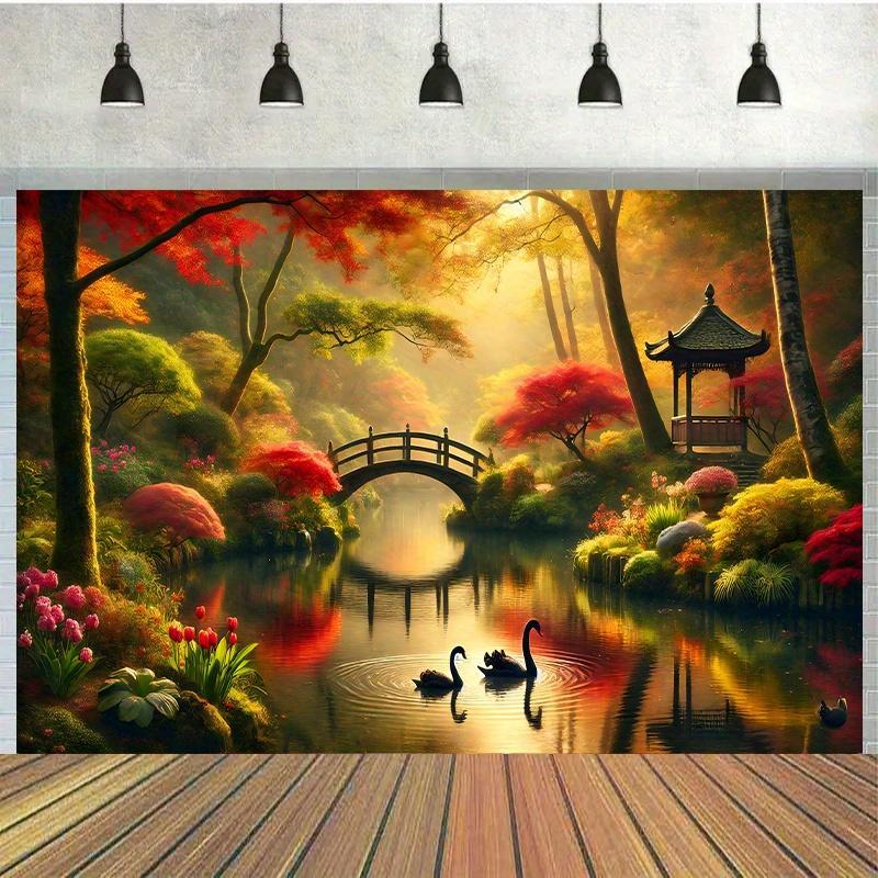 Autumn Garden Bridge Swans Wal - Interior Design With Wallpaper ulasan dan harga