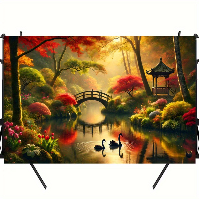 Autumn Garden Bridge Swans Wal - Interior Design With Wallpaper ulasan dan harga