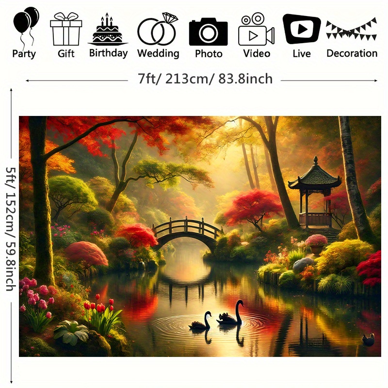 Autumn Garden Bridge Swans Wal - Interior Design With Wallpaper ulasan dan harga