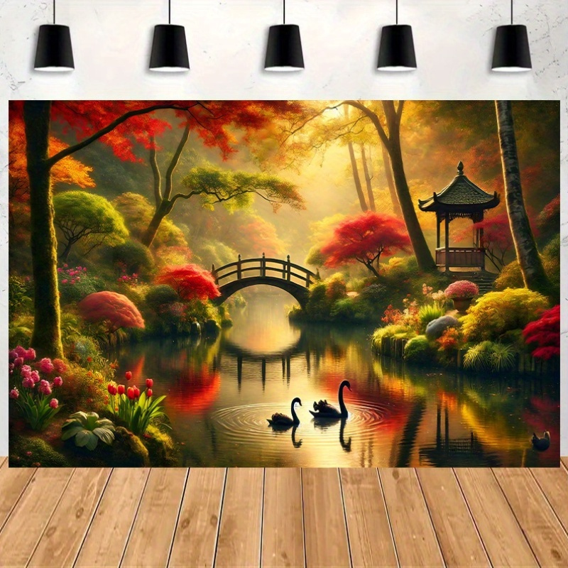 Autumn Garden Bridge Swans Wal - Interior Design With Wallpaper ulasan dan harga